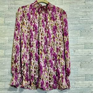 NEW-Double‎ Take Elegant Floral Purple/Pink Smocked Long Sleeve Blouse Sz-Large